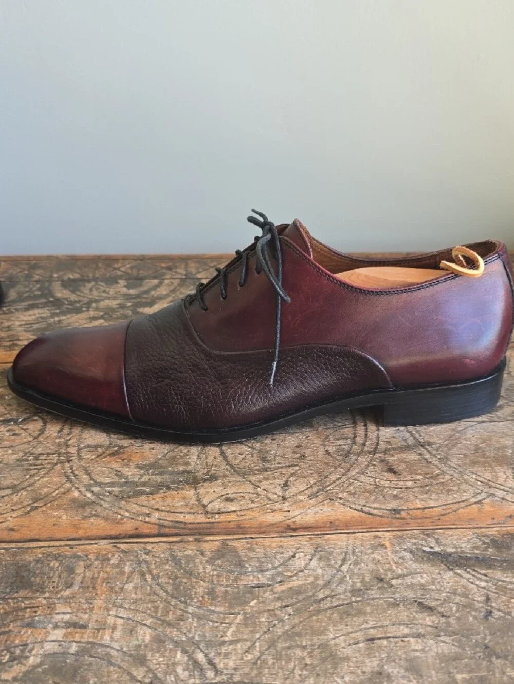 Massimo Matteo Two-Tone Cap-Toe Oxfords in Burgundy and Dark Burgundy